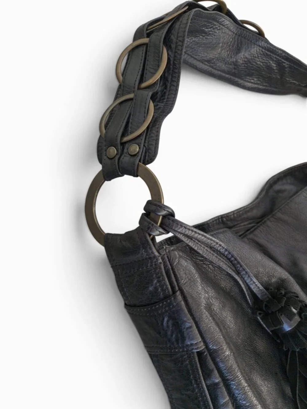 Malaika Designs Black Leather Hobo, Made in USA, Suede-Lined w/ Tassels